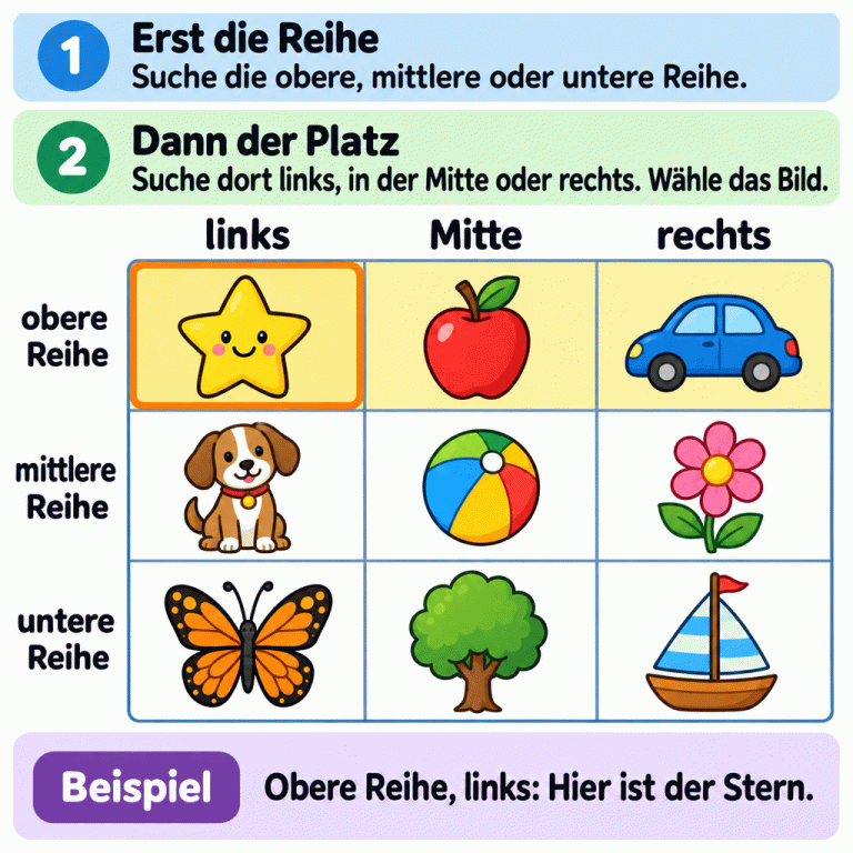 Ein Raster mit neun Bildobjekten zeigt drei Reihen und drei Plätze pro Reihe. Links stehen die Beschriftungen obere Reihe, mittlere Reihe und untere Reihe. Über den Spalten steht links, Mitte und rechts. Die Anleitung erklärt: zuerst die Reihe finden, dann den Platz darin. Im gekennzeichneten Beispiel ist die obere Reihe hervorgehoben und ihr linkes Feld mit einem Stern zusätzlich markiert. Erst die Reihe: Suche die obere, mittlere oder untere Reihe. Dann der Platz: Suche dort links, in der Mitte oder rechts. Wähle das Bild. Beispiel: Obere Reihe, links: Hier ist der Stern. obere Reihe mittlere Reihe untere Reihe links Mitte rechts 1 2