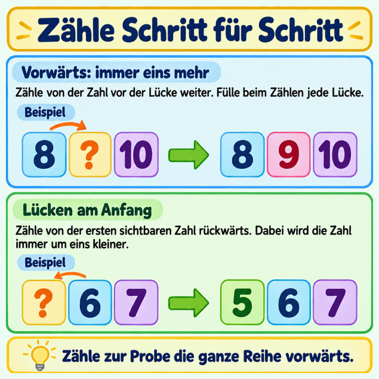 Zwei Beispiele zeigen das Ergänzen einer Zahlenreihe. Oben wird aus 8, Fragezeichen, 10 die Reihe 8, 9, 10: Von 8 geht es einen Zählschritt vorwärts. Unten wird aus Fragezeichen, 6, 7 die Reihe 5, 6, 7: Von 6 geht es einen Zählschritt zurück. Zum Prüfen wird die ganze Reihe vorwärts gezählt. Zähle Schritt für Schritt Vorwärts: immer eins mehr: Zähle von der Zahl vor der Lücke weiter. Fülle beim Zählen jede Lücke. Lücken am Anfang: Zähle von der ersten sichtbaren Zahl rückwärts. Dabei wird die Zahl immer um eins kleiner. Zähle zur Probe die ganze Reihe vorwärts. Beispiel 8 ? 10 9 6 7 5