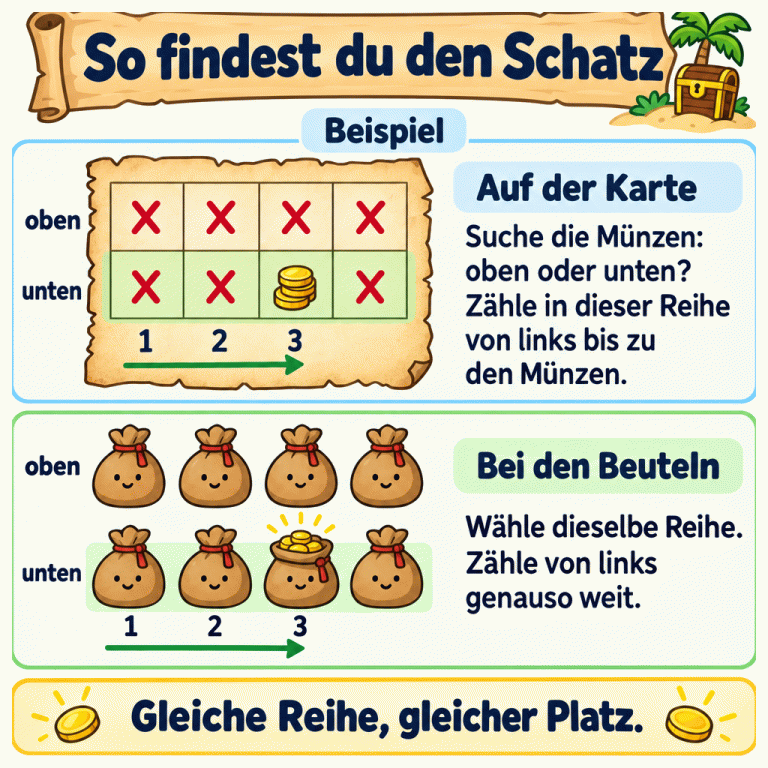 Ein Beispiel zeigt eine Karte mit zwei Reihen und vier Feldern je Reihe. Die Münzen liegen unten am dritten Platz von links. Darunter stehen Beutel in derselben Anordnung. Der dritte Beutel der unteren Reihe ist geöffnet und enthält Münzen. In beiden unteren Reihen zeigen die Zahlen 1, 2 und 3 das Zählen von links. So findet man den Schatz: gleiche Reihe, gleicher Platz. So findest du den Schatz Auf der Karte: Suche die Münzen: oben oder unten? Zähle in dieser Reihe von links bis zu den Münzen. Bei den Beuteln: Wähle dieselbe Reihe. Zähle von links genauso weit. Gleiche Reihe, gleicher Platz. Beispiel oben unten X 1 2 3
