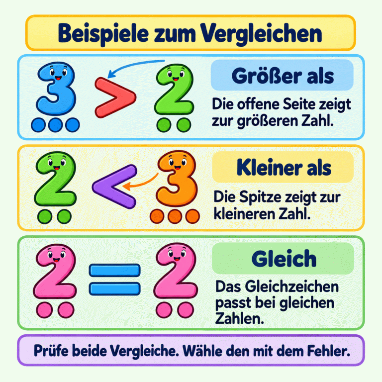 Drei richtige Beispiele mit passenden Punktmengen: 3 ist größer als 2. 2 ist kleiner als 3. 2 ist gleich 2. Die offene Seite zeigt zur größeren Zahl, die Spitze zur kleineren. Das Gleichzeichen passt bei gleichen Zahlen. Prüfe beide Vergleiche und wähle den mit dem Fehler. Beispiele zum Vergleichen Größer als: Die offene Seite zeigt zur größeren Zahl. Kleiner als: Die Spitze zeigt zur kleineren Zahl. Gleich: Das Gleichzeichen passt bei gleichen Zahlen. Prüfe beide Vergleiche. Wähle den mit dem Fehler. 3 2 > < =