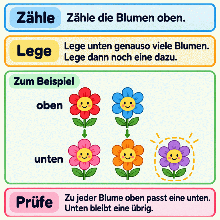 Ein Beispiel zeigt zwei Blumen oben und drei Blumen unten. Unter jeder oberen Blume steht eine Partnerblume. Eine weitere Blume unten hat keinen Partner oben. Zähle zuerst die Blumen oben, lege unten genauso viele und dann noch eine dazu. So ist unten genau eine Blume mehr. Zähle: Zähle die Blumen oben. Lege: Lege unten genauso viele Blumen. Lege dann noch eine dazu. Prüfe: Zu jeder Blume oben passt eine unten. Unten bleibt eine übrig. Zum Beispiel oben unten