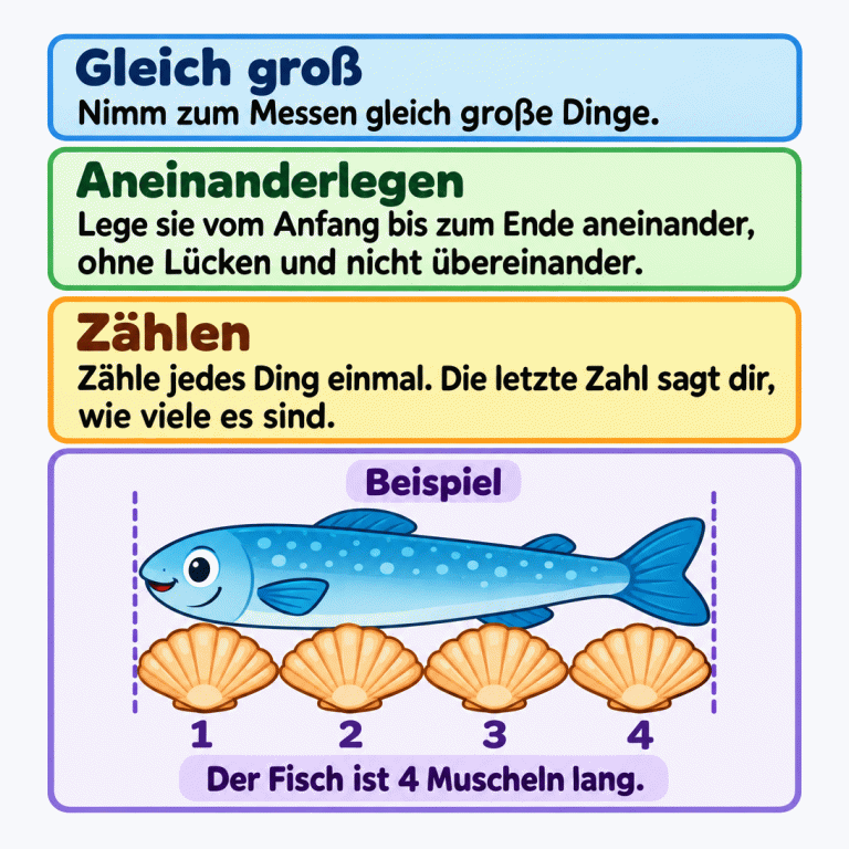 Eine Anleitung zum Messen mit gleich großen Dingen: vom Anfang bis zum Ende ohne Lücken und nicht übereinander aneinanderlegen, dann jedes Ding einmal zählen. Ein gekennzeichnetes Beispiel zeigt einen vollständigen Fisch und darunter vier gleich große, sich berührende Muscheln. Fisch und Muschelreihe beginnen und enden an denselben Messgrenzen. Unter den Muscheln stehen von links nach rechts die Zahlen 1, 2, 3 und 4. Das Ergebnis lautet: Der Fisch ist 4 Muscheln lang. Gleich groß: Nimm zum Messen gleich große Dinge. Aneinanderlegen: Lege sie vom Anfang bis zum Ende aneinander, ohne Lücken und nicht übereinander. Zählen: Zähle jedes Ding einmal. Die letzte Zahl sagt dir, wie viele es sind. Beispiel 1 2 3 4 Der Fisch ist 4 Muscheln lang.
