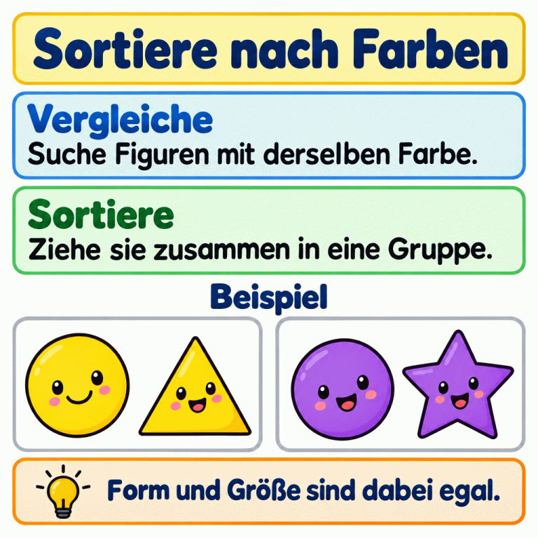 Beispiel zum Sortieren nach Farben: Ein gelber Kreis und ein gelbes Dreieck bilden eine Gruppe. Ein violetter Kreis und ein violetter Stern bilden eine andere Gruppe. Figuren mit derselben Farbe gehören zusammen. Form und Größe sind dabei egal. Sortiere nach Farben Vergleiche: Suche Figuren mit derselben Farbe. Sortiere: Ziehe sie zusammen in eine Gruppe. Form und Größe sind dabei egal. Beispiel