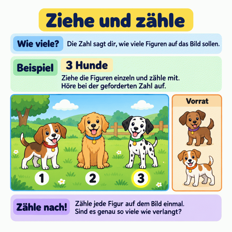 Ziehe und zähle: Die Zahl in der Aufgabe bestimmt, wie viele Figuren auf das Bild sollen. Das Lehrbeispiel verlangt drei Hunde. Auf einem Landschaftsbild stehen drei Hunde mit den Zählziffern 1, 2 und 3. Zwei weitere Hunde bleiben außerhalb im Vorrat und werden nicht mitgezählt. Ziehe die Figuren einzeln, zähle mit und höre bei der geforderten Zahl auf. Zähle danach jede Figur auf dem Bild einmal und prüfe, ob die Anzahl stimmt. Ziehe und zähle Wie viele?: Die Zahl sagt dir, wie viele Figuren auf das Bild sollen. Beispiel: Ziehe die Figuren einzeln und zähle mit. Höre bei der geforderten Zahl auf. Zähle nach!: Zähle jede Figur auf dem Bild einmal. Sind es genau so viele wie verlangt? 3 Hunde 1 2 3 Vorrat