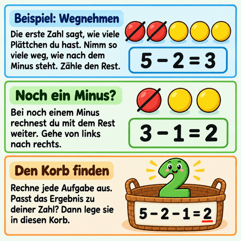Ein zusammenhängendes Beispiel erklärt das Wegnehmen: Von fünf Plättchen werden zwei gestrichen, drei bleiben. Von diesen drei wird noch eines gestrichen, zwei bleiben. Dazu stehen die Rechnungen 5 minus 2 gleich 3 und 3 minus 1 gleich 2. Die Zahl 2 liegt im Korb mit der vollständigen Rechnung 5 minus 2 minus 1 gleich 2. Die Anleitung erklärt, jede Aufgabe auszurechnen und die vorgegebene Zahl dem gleichen Ergebnis zuzuordnen. Beispiel: Wegnehmen: Die erste Zahl sagt, wie viele Plättchen du hast. Nimm so viele weg, wie nach dem Minus steht. Zähle den Rest. Noch ein Minus?: Bei noch einem Minus rechnest du mit dem Rest weiter. Gehe von links nach rechts. Den Korb finden: Rechne jede Aufgabe aus. Passt das Ergebnis zu deiner Zahl? Dann lege sie in diesen Korb. 5 − 2 = 3 3 − 1 = 2 5 − 2 − 1 = 2 2