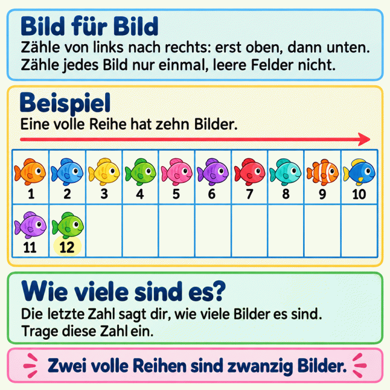 Zählbeispiel mit zwölf Fischen in einer Tabelle mit zwei Reihen zu je zehn Feldern. Oben stehen zehn Fische mit den Zahlen eins bis zehn. Unten stehen links zwei weitere mit elf und zwölf; die restlichen Felder sind leer. Gezählt wird erst oben, dann unten, immer von links nach rechts. Jeder Fisch zählt einmal. Die letzte Zahl nennt die Anzahl. Zwei volle Reihen enthalten zwanzig Bilder. Bild für Bild: Zähle von links nach rechts: erst oben, dann unten. Zähle jedes Bild nur einmal, leere Felder nicht. Beispiel: Eine volle Reihe hat zehn Bilder. Wie viele sind es?: Die letzte Zahl sagt dir, wie viele Bilder es sind. Trage diese Zahl ein. Zwei volle Reihen sind zwanzig Bilder. 1 2 3 4 5 6 7 8 9 10 11 12