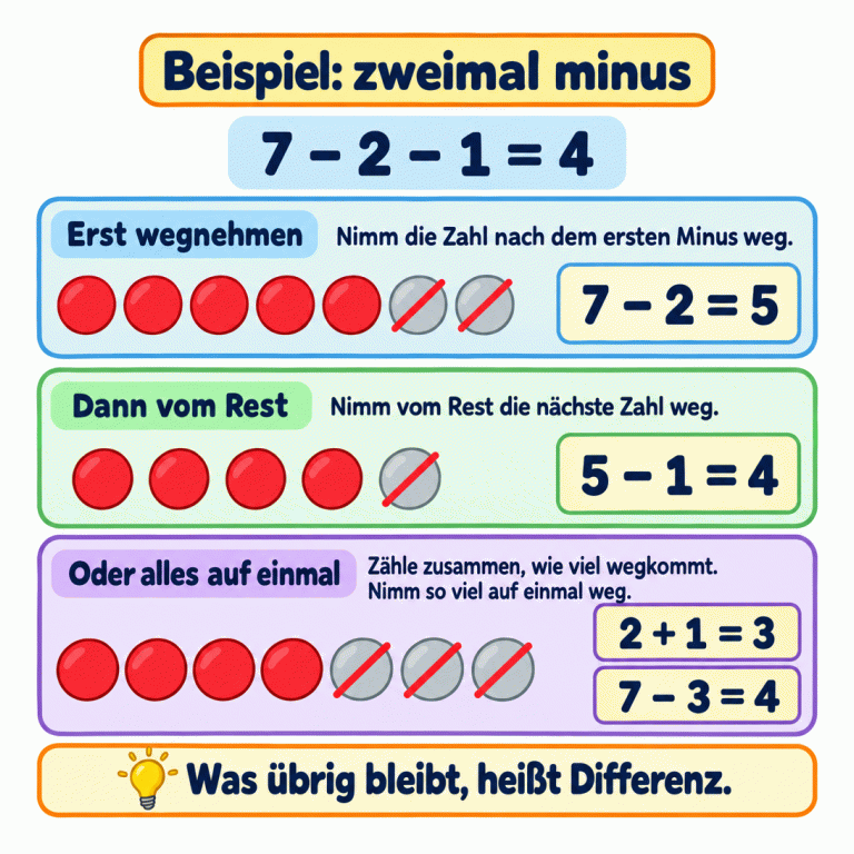 Beispiel zum zweimaligen Subtrahieren: 7 minus 2 minus 1 ergibt 4. Von sieben Plättchen werden zuerst zwei weggenommen. Fünf bleiben. Von diesen fünf wird noch eines weggenommen. Vier bleiben. Oder man zählt die beiden Wegnahmemengen zusammen: 2 plus 1 ergibt 3. Nimmt man von sieben Plättchen drei auf einmal weg, bleiben ebenfalls vier. Was übrig bleibt, heißt Differenz. Beispiel: zweimal minus Erst wegnehmen: Nimm die Zahl nach dem ersten Minus weg. Dann vom Rest: Nimm vom Rest die nächste Zahl weg. Oder alles auf einmal: Zähle zusammen, wie viel wegkommt. Nimm so viel auf einmal weg. Was übrig bleibt, heißt Differenz. 7 − 2 − 1 = 4 7 − 2 = 5 5 − 1 = 4 2 + 1 = 3 7 − 3 = 4