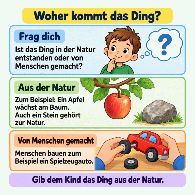 Die Karte fragt, ob ein Ding in der Natur entstanden oder von Menschen gemacht ist. Als Naturbeispiele zeigt sie einen Apfel, der an einem Baumast wächst, und einen unbearbeiteten Stein. Daneben wird erklärt, dass auch ein Stein zur Natur gehört. Als Beispiel für menschliche Herstellung befestigen Hände ein Rad an einem Spielzeugauto. Zum Schluss wird das Kind aufgefordert, das Ding aus der Natur weiterzugeben. Woher kommt das Ding? Frag dich: Ist das Ding in der Natur entstanden oder von Menschen gemacht? Aus der Natur: Zum Beispiel: Ein Apfel wächst am Baum. Auch ein Stein gehört zur Natur. Von Menschen gemacht: Menschen bauen zum Beispiel ein Spielzeugauto. Gib dem Kind das Ding aus der Natur. ?