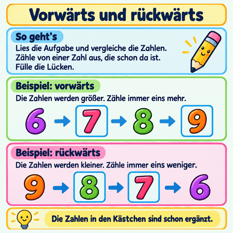 Lernkarte zum Ergänzen von Zahlenreihen. Vorwärts zählt man immer eins mehr, rückwärts immer eins weniger. Das Vorwärtsbeispiel zeigt 6, 7, 8, 9; die ergänzten Zahlen 7 und 9 stehen in Kästchen. Das Rückwärtsbeispiel zeigt 9, 8, 7, 6; hier stehen die ergänzten Zahlen 8 und 7 in Kästchen. Beginne bei einer Zahl, die schon da ist, und fülle die Lücken. Vorwärts und rückwärts So geht’s: Lies die Aufgabe und vergleiche die Zahlen. Zähle von einer Zahl aus, die schon da ist. Fülle die Lücken. Beispiel: vorwärts: Die Zahlen werden größer. Zähle immer eins mehr. Beispiel: rückwärts: Die Zahlen werden kleiner. Zähle immer eins weniger. Die Zahlen in den Kästchen sind schon ergänzt. 6 7 8 9