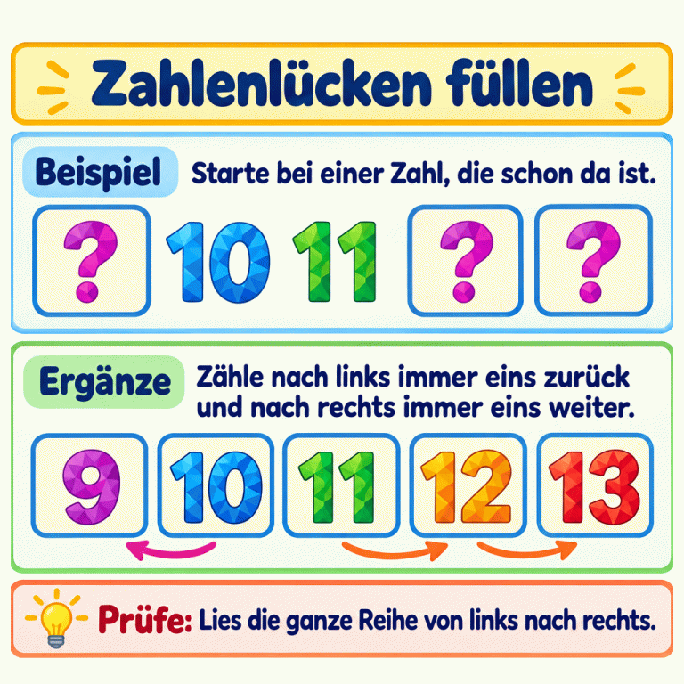 Zahlenlücken füllen: Beginne bei einer Zahl, die schon da ist. Im Beispiel steht oben: Fragezeichen, 10, 11, Fragezeichen, Fragezeichen. Nach links zählst du eins zurück, nach rechts immer eins weiter. Darunter ist die Reihe ergänzt: 9, 10, 11, 12, 13. Prüfe die ganze Reihe von links nach rechts. Zahlenlücken füllen Beispiel: Starte bei einer Zahl, die schon da ist. Ergänze: Zähle nach links immer eins zurück und nach rechts immer eins weiter. Prüfe: Lies die ganze Reihe von links nach rechts. ? 9 10 11 12 13