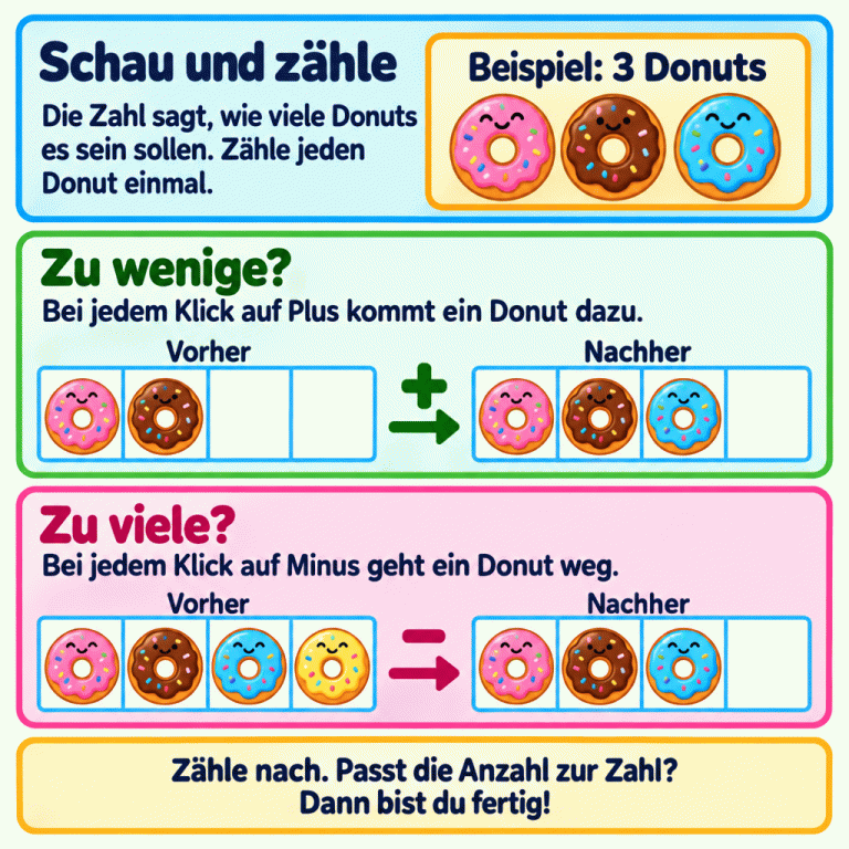 Die Zahl in der Aufgabe zeigt, wie viele Donuts es sein sollen. Zähle jeden Donut einmal. Das Lehrbeispiel hat das Ziel drei Donuts: Mit Plus werden aus zwei Donuts drei. Mit Minus werden aus vier Donuts drei. Jeder Donut liegt in einem eigenen Kästchen. Zähle nach und höre auf, wenn die Anzahl zur Zahl passt. Schau und zähle: Die Zahl sagt, wie viele Donuts es sein sollen. Zähle jeden Donut einmal. Zu wenige?: Bei jedem Klick auf Plus kommt ein Donut dazu. Zu viele?: Bei jedem Klick auf Minus geht ein Donut weg. Zähle nach. Passt die Anzahl zur Zahl? Dann bist du fertig! Beispiel: 3 Donuts Vorher Nachher + −