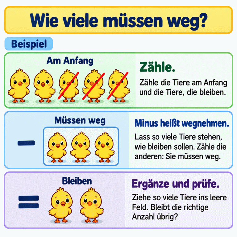 Eine Bildrechnung mit Küken zeigt ein Beispiel: Am Anfang sind fünf Küken da. Drei sind durchgestrichen, zwei bleiben. Im ergänzten Wegnehmfeld stehen drei Küken. Die Erklärung fordert dazu auf, Anfang und Rest zu zählen, die wegzunehmenden Tiere zu bestimmen und die passende Anzahl ins leere Feld zu ziehen. Wie viele müssen weg? Zähle.: Zähle die Tiere am Anfang und die Tiere, die bleiben. Minus heißt wegnehmen.: Lass so viele Tiere stehen, wie bleiben sollen. Zähle die anderen: Sie müssen weg. Ergänze und prüfe.: Ziehe so viele Tiere ins leere Feld. Bleibt die richtige Anzahl übrig? Beispiel Am Anfang Müssen weg Bleiben − =