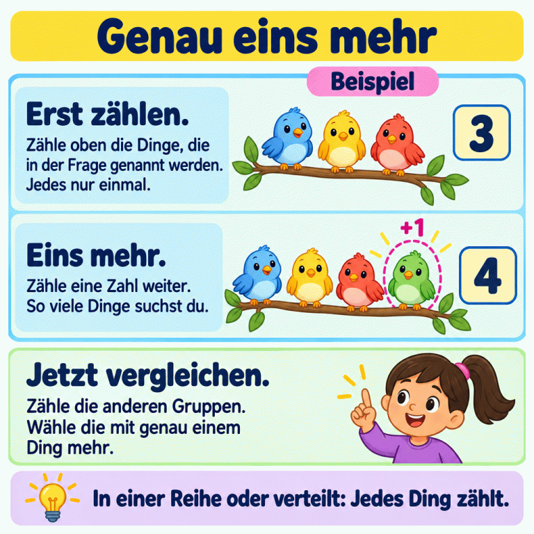 Genau eins mehr: Zähle zuerst jedes gefragte Ding der oberen Gruppe einmal. Zähle dann eine Zahl weiter. Das Beispiel zeigt drei Vögel und danach vier Vögel: Einer ist dazugekommen. Zähle die anderen Gruppen und wähle die mit genau einem Ding mehr. Ob die Dinge in einer Reihe stehen oder verteilt sind, ändert ihre Anzahl nicht. Genau eins mehr Erst zählen.: Zähle oben die Dinge, die in der Frage genannt werden. Jedes nur einmal. Eins mehr.: Zähle eine Zahl weiter. So viele Dinge suchst du. Jetzt vergleichen.: Zähle die anderen Gruppen. Wähle die mit genau einem Ding mehr. In einer Reihe oder verteilt: Jedes Ding zählt. Beispiel 3 4 +1