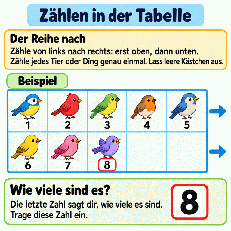 Eine Zählhilfe mit einem Beispiel: In einer Tabelle stehen oben fünf und unten drei Vögel. Zwei Kästchen sind leer. Unter den Vögeln stehen der Reihe nach die Zahlen von 1 bis 8. Gezählt wird von links nach rechts, erst oben, dann unten. Jeder Vogel zählt genau einmal; leere Kästchen werden ausgelassen. Die letzte Zählzahl ist 8. Deshalb lautet die Antwort in diesem Beispiel 8. Zählen in der Tabelle Der Reihe nach: Zähle von links nach rechts: erst oben, dann unten. Zähle jedes Tier oder Ding genau einmal. Lass leere Kästchen aus. Wie viele sind es?: Die letzte Zahl sagt dir, wie viele es sind. Trage diese Zahl ein. Beispiel 1 2 3 4 5 6 7 8