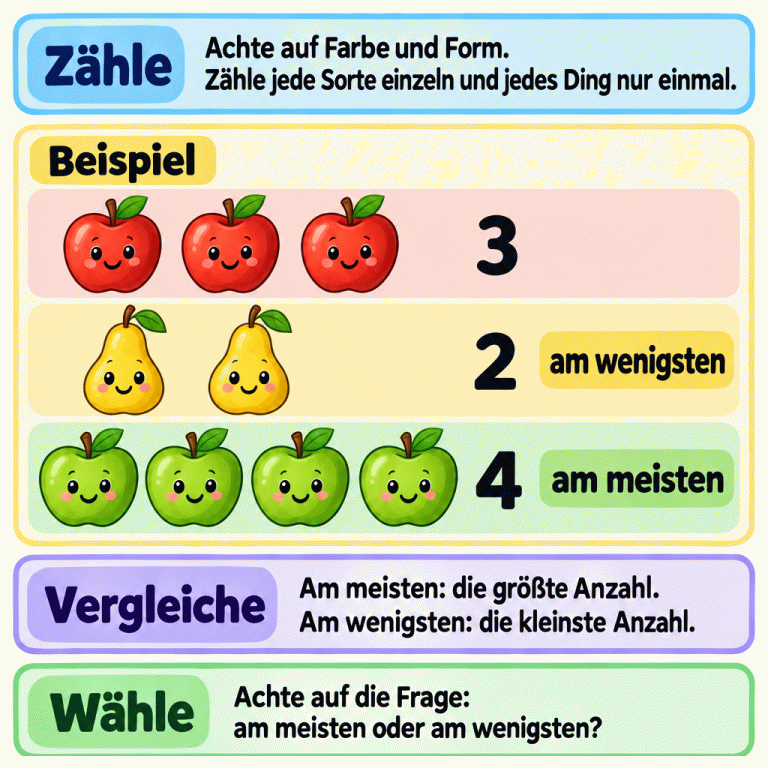 Zähle jede Sorte einzeln und jedes Ding nur einmal. Das Beispiel zeigt drei rote Äpfel, zwei Birnen und vier grüne Äpfel. Hier gibt es die grünen Äpfel am meisten und die Birnen am wenigsten. Vergleiche die Anzahlen und achte darauf, wonach gefragt wird. Zähle: Achte auf Farbe und Form. Zähle jede Sorte einzeln und jedes Ding nur einmal. Vergleiche: Am meisten: die größte Anzahl.
Am wenigsten: die kleinste Anzahl. Wähle: Achte auf die Frage: am meisten oder am wenigsten? Beispiel 3 2 4 am wenigsten am meisten