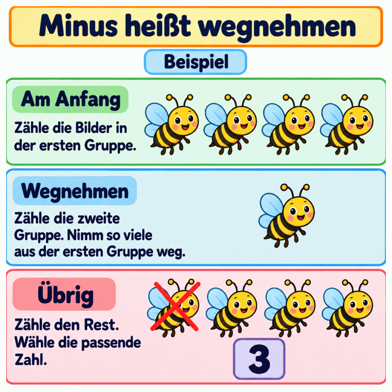 Minus heißt wegnehmen. Ein Beispiel mit Bienen: Am Anfang sind vier Bienen da. Die zweite Gruppe zeigt eine Biene, also wird eine weggenommen. In der letzten Darstellung ist eine der vier Bienen durchgestrichen. Drei bleiben übrig; dazu passt die Zahl 3. Minus heißt wegnehmen Am Anfang: Zähle die Bilder in der ersten Gruppe. Wegnehmen: Zähle die zweite Gruppe. Nimm so viele aus der ersten Gruppe weg. Übrig: Zähle den Rest. Wähle die passende Zahl. Beispiel 3