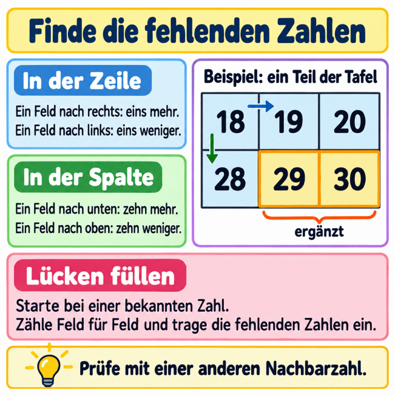 So ergänzt du fehlende Zahlen: Ein Feld nach rechts bedeutet eins mehr, nach links eins weniger. Ein Feld nach unten bedeutet zehn mehr, nach oben zehn weniger. Ein Beispiel zeigt einen Teil der Hundertertafel: oben 18, 19, 20 und darunter 28, 29, 30. Neben der bekannten 28 wurden 29 und 30 ergänzt. Starte bei einer bekannten Zahl, fülle die Lücken Feld für Feld und prüfe mit einer anderen Nachbarzahl. Finde die fehlenden Zahlen In der Zeile: Ein Feld nach rechts: eins mehr.
Ein Feld nach links: eins weniger. In der Spalte: Ein Feld nach unten: zehn mehr.
Ein Feld nach oben: zehn weniger. Lücken füllen: Starte bei einer bekannten Zahl. Zähle Feld für Feld und trage die fehlenden Zahlen ein. Prüfe mit einer anderen Nachbarzahl. Beispiel: ein Teil der Tafel 18 19 20 28 29 30 ergänzt