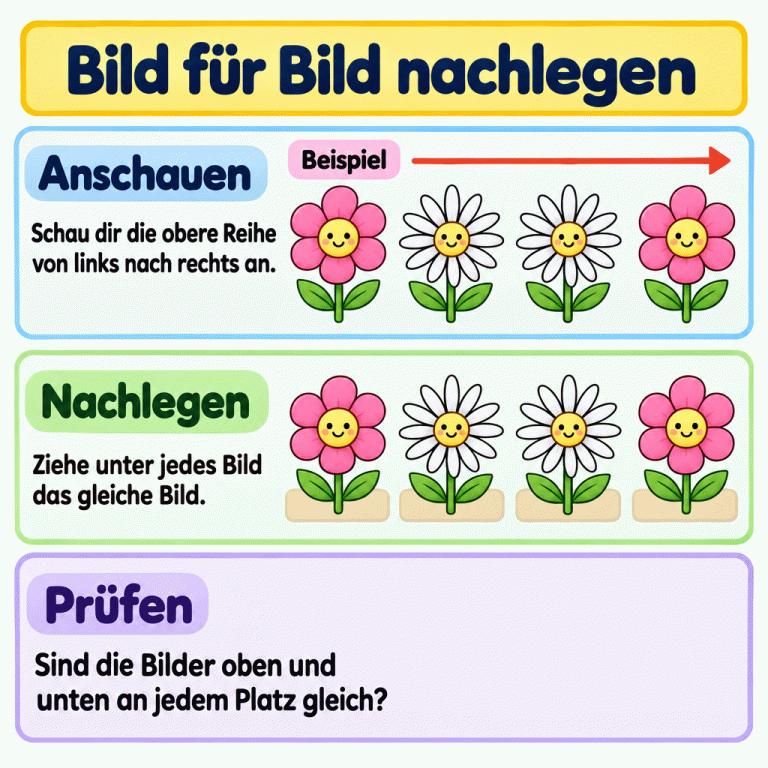Ein Blütenbeispiel zeigt das Nachlegen einer Bildreihe. Oben stehen eine rundblättrige Blüte, zwei schmalblättrige Blüten und wieder eine rundblättrige Blüte. Darunter steht an jedem Platz das gleiche Bild. Die Anleitung erklärt: von links nach rechts anschauen, unter jedes Bild das gleiche Bild ziehen und anschließend beide Reihen Platz für Platz vergleichen. Bild für Bild nachlegen Anschauen: Schau dir die obere Reihe von links nach rechts an. Nachlegen: Ziehe unter jedes Bild das gleiche Bild. Prüfen: Sind die Bilder oben und unten an jedem Platz gleich? Beispiel