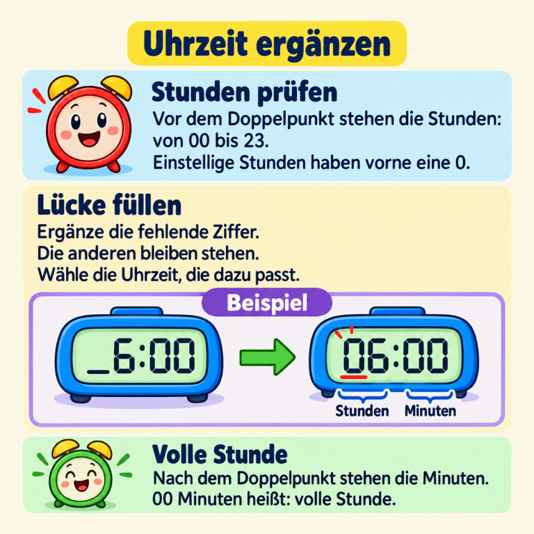 So ergänzt du eine digitale Uhrzeit: Vor dem Doppelpunkt stehen die Stunden von 00 bis 23, danach die Minuten. Einstellige Stunden haben vorne eine Null. Das Beispiel zeigt, wie aus _6:00 durch Einsetzen einer Null 06:00 wird. Die übrigen Ziffern bleiben unverändert. 00 Minuten bedeutet eine volle Stunde. Wähle die angebotene Uhrzeit, die zur ergänzten Anzeige passt. Uhrzeit ergänzen Stunden prüfen: Vor dem Doppelpunkt stehen die Stunden: von 00 bis 23. Einstellige Stunden haben vorne eine 0. Lücke füllen: Ergänze die fehlende Ziffer. Die anderen bleiben stehen. Wähle die Uhrzeit, die dazu passt. Volle Stunde: Nach dem Doppelpunkt stehen die Minuten. 00 Minuten heißt: volle Stunde. Beispiel _6:00 06:00 Stunden Minuten