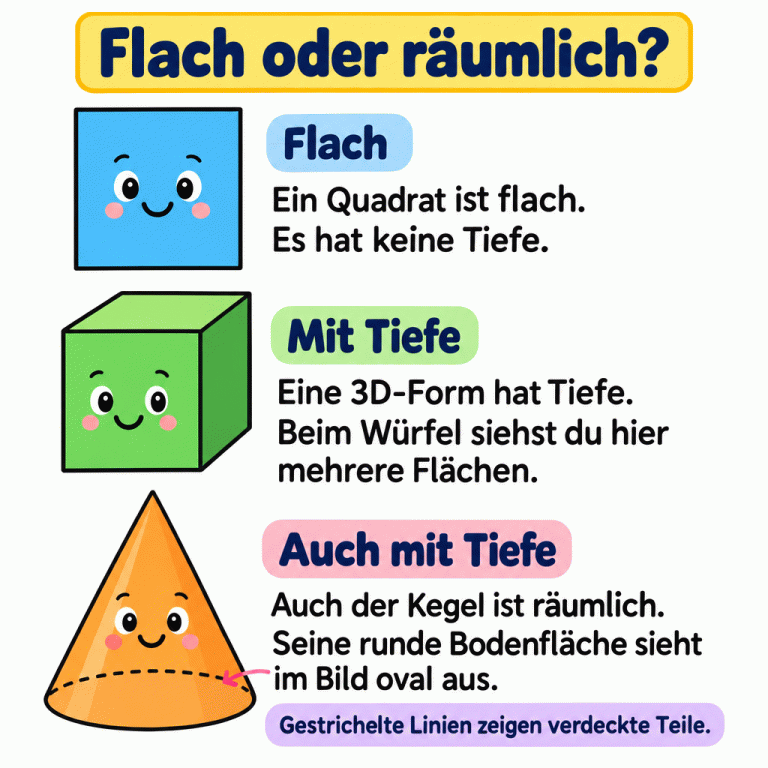 Drei Beispiele zeigen den Unterschied zwischen flach und räumlich. Das Quadrat ist flach und hat keine Tiefe. Beim Würfel sind mehrere zusammenhängende Flächen zu sehen. Auch der Kegel hat Tiefe. Seine runde Bodenfläche erscheint im Bild oval. Ihr verdeckter hinterer Rand ist gestrichelt. Flach oder räumlich? Flach: Ein Quadrat ist flach. Es hat keine Tiefe. Mit Tiefe: Eine 3D-Form hat Tiefe. Beim Würfel siehst du hier mehrere Flächen. Auch mit Tiefe: Auch der Kegel ist räumlich. Seine runde Bodenfläche sieht im Bild oval aus. Gestrichelte Linien zeigen verdeckte Teile.