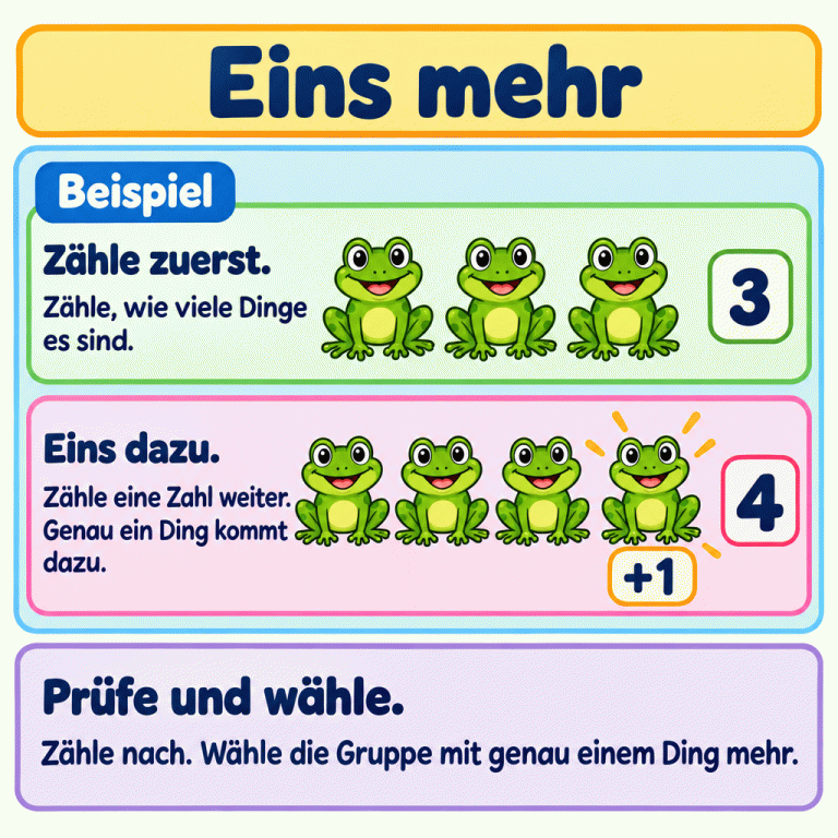 Eins mehr: Zähle zuerst die Dinge. Das Beispiel zeigt drei Frösche. Ein Frosch kommt dazu, nun sind es vier. Zähle eine Zahl weiter und prüfe die Gruppen. Wähle die Gruppe mit genau einem Ding mehr. Eins mehr Zähle zuerst.: Zähle, wie viele Dinge es sind. Eins dazu.: Zähle eine Zahl weiter. Genau ein Ding kommt dazu. Prüfe und wähle.: Zähle nach. Wähle die Gruppe mit genau einem Ding mehr. Beispiel 3 4 +1