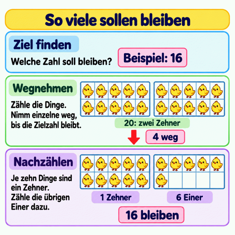 So viele sollen bleiben: Finde die Zielzahl, zähle die Dinge und nimm einzelne weg, bis genau diese Anzahl bleibt. Das Beispiel zeigt zuerst 20 Küken in zwei Zehnergruppen. Vier werden weggenommen. Danach bleiben ein voller Zehner und sechs einzelne Küken, zusammen 16. Je zehn Dinge bilden einen Zehner. So viele sollen bleiben Ziel finden: Welche Zahl soll bleiben? Wegnehmen: Zähle die Dinge. Nimm einzelne weg, bis die Zielzahl bleibt. Nachzählen: Je zehn Dinge sind ein Zehner. Zähle die übrigen Einer dazu. Beispiel: 16 20: zwei Zehner 4 weg 1 Zehner 6 Einer 16 bleiben