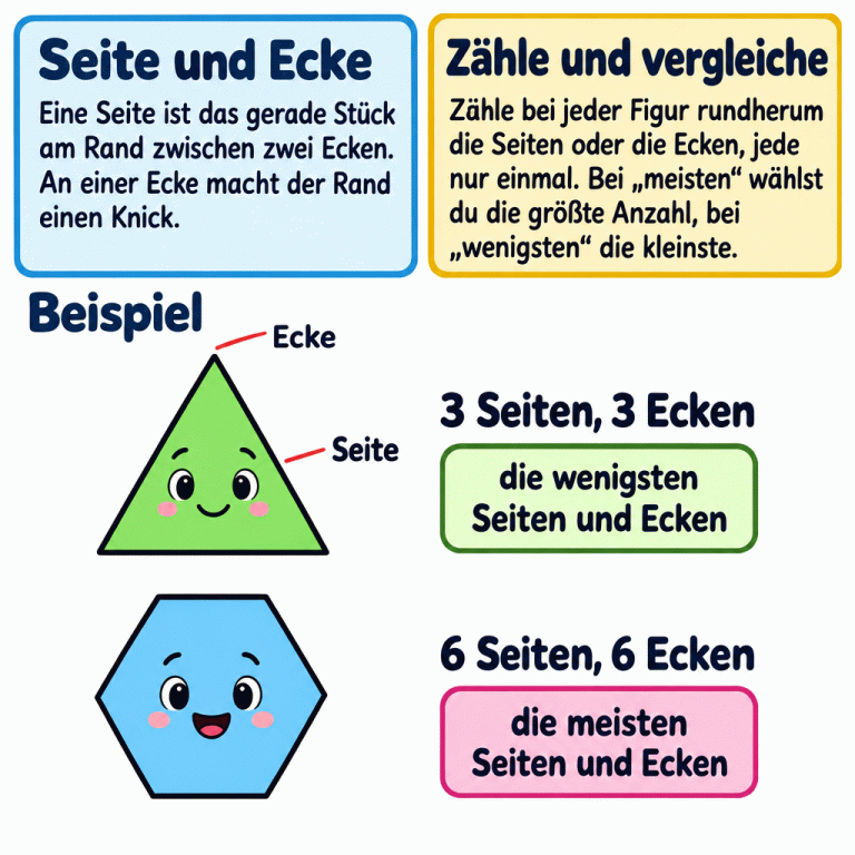 Eine Seite ist das gerade Randstück zwischen zwei Ecken. An einer Ecke macht der Rand einen Knick. Zwei kurze Zeiger zeigen diese Merkmale an einem Dreieck. Im Beispiel hat das Dreieck drei Seiten und drei Ecken, das Sechseck sechs Seiten und sechs Ecken. Von diesen beiden Figuren hat das Dreieck die wenigsten und das Sechseck die meisten Seiten und Ecken. Zähle bei jeder Figur das gefragte Merkmal genau einmal und vergleiche die Anzahlen. Seite und Ecke: Eine Seite ist das gerade Stück am Rand zwischen zwei Ecken. An einer Ecke macht der Rand einen Knick. Zähle und vergleiche: Zähle bei jeder Figur rundherum die Seiten oder die Ecken, jede nur einmal. Bei „meisten“ wählst du die größte Anzahl, bei „wenigsten“ die kleinste. Beispiel Ecke Seite 3 Seiten, 3 Ecken die wenigsten Seiten und Ecken 6 Seiten, 6 Ecken die meisten Seiten und Ecken