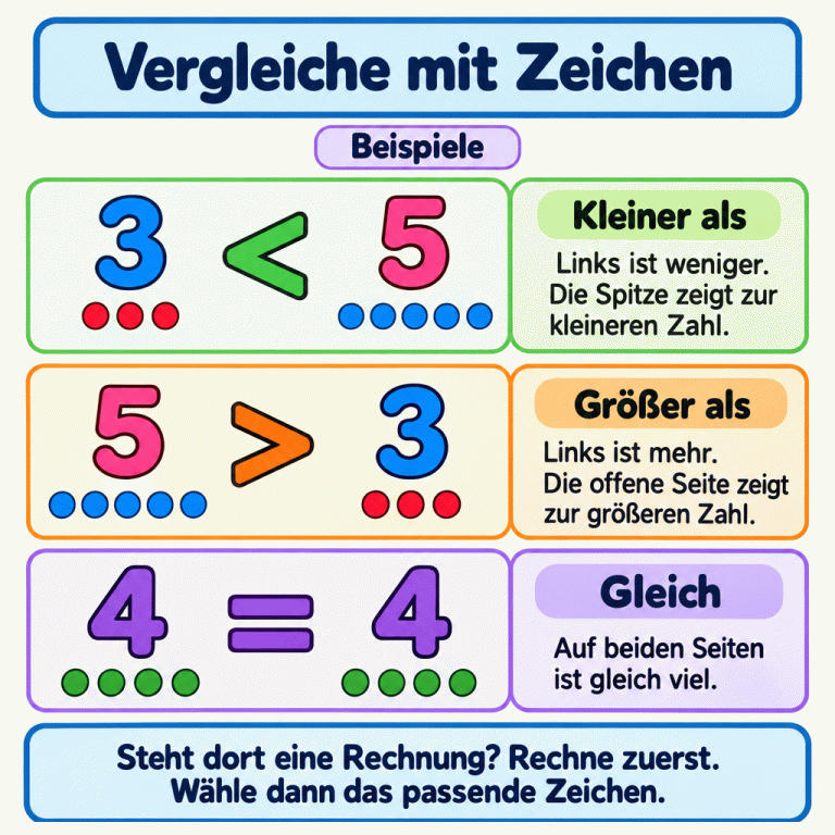 Drei Beispiele erklären die Vergleichszeichen mit Zahlen und passenden Punktmengen: 3 ist kleiner als 5, 5 ist größer als 3 und 4 ist gleich 4. Bei ungleichen Zahlen zeigt die offene Seite des Zeichens zur größeren Zahl und die Spitze zur kleineren. Beim Beispiel 5 > 3 ist das Zeichen links zur 5 geöffnet; seine Spitze zeigt rechts zur 3. Bei Rechnungen werden zuerst die Werte ausgerechnet und danach verglichen. Vergleiche mit Zeichen Kleiner als: Links ist weniger. Die Spitze zeigt zur kleineren Zahl. Größer als: Links ist mehr. Die offene Seite zeigt zur größeren Zahl. Gleich: Auf beiden Seiten ist gleich viel. Steht dort eine Rechnung? Rechne zuerst. Wähle dann das passende Zeichen. Beispiele 3 5 4 < > =