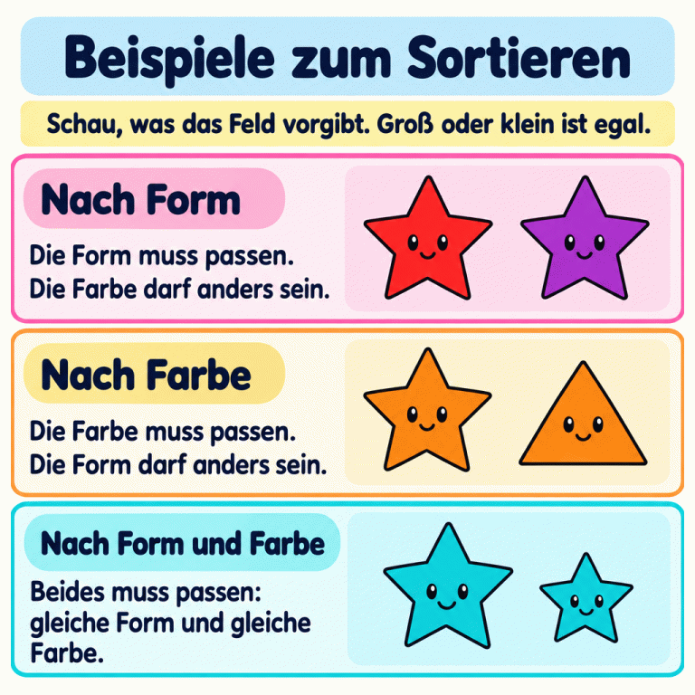 Drei Beispiele erklären das Sortieren. Nach Form: Ein roter und ein violetter Stern haben die gleiche Form. Nach Farbe: Ein orangefarbener Stern und ein orangefarbenes Dreieck haben die gleiche Farbe. Nach Form und Farbe: Zwei unterschiedlich große türkisfarbene Sterne stimmen in Form und Farbe überein. Entscheidend ist die Vorgabe im Feld, nicht die Größe. Beispiele zum Sortieren Nach Form: Die Form muss passen. Die Farbe darf anders sein. Nach Farbe: Die Farbe muss passen. Die Form darf anders sein. Nach Form und Farbe: Beides muss passen: gleiche Form und gleiche Farbe. Schau, was das Feld vorgibt. Groß oder klein ist egal.