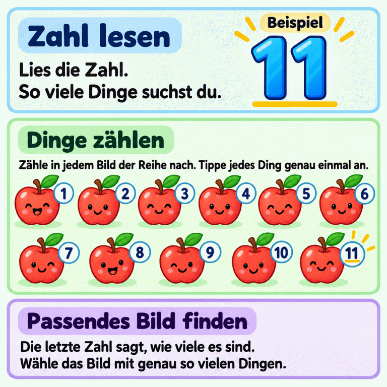 So findest du das passende Bild: Lies die Zahl. Zähle in jedem Bild alle Dinge und tippe jedes genau einmal an. Die letzte Zahl sagt, wie viele es sind. Im Beispiel steht die Zahl 11 bei elf Äpfeln. An den Äpfeln stehen die Zählzahlen von 1 bis 11. Die letzte Zählzahl passt zur vorgegebenen Zahl. Zahl lesen: Lies die Zahl. So viele Dinge suchst du. Dinge zählen: Zähle in jedem Bild der Reihe nach. Tippe jedes Ding genau einmal an. Passendes Bild finden: Die letzte Zahl sagt, wie viele es sind. Wähle das Bild mit genau so vielen Dingen. Beispiel 1 2 3 4 5 6 7 8 9 10 11