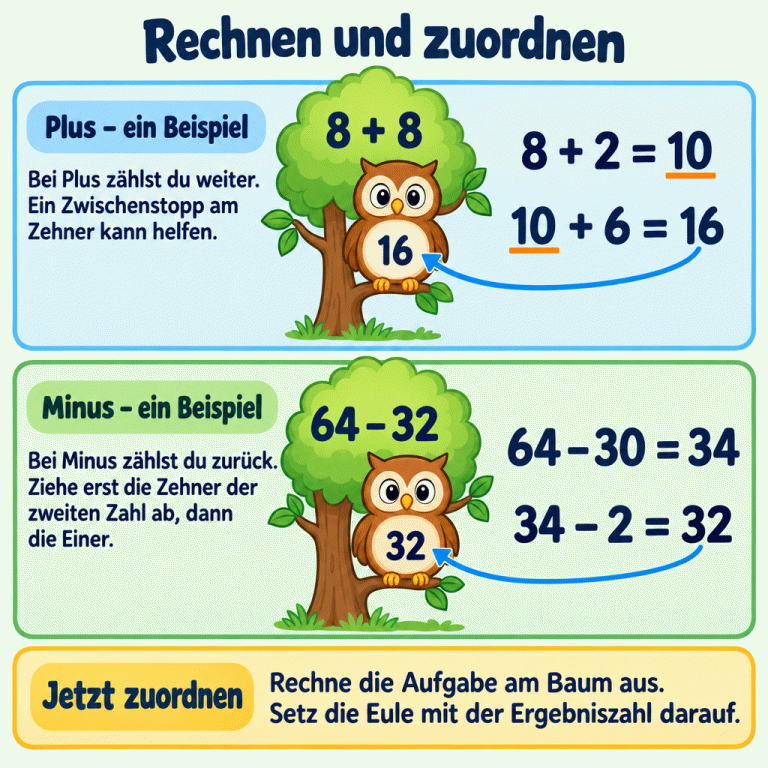 Zwei Beispiele zeigen das Rechnen und Zuordnen. Bei Plus wird 8 plus 8 in Schritten gerechnet: 8 plus 2 ist 10, 10 plus 6 ist 16. Die Eule mit der 16 sitzt auf diesem Baum. Bei Minus wird 64 minus 32 zerlegt: 64 minus 30 ist 34, 34 minus 2 ist 32. Die Eule mit der 32 sitzt auf diesem Baum. Für jede neue Aufgabe wird das Ergebnis berechnet und die Eule mit dieser Zahl auf den passenden Baum gesetzt. Rechnen und zuordnen Plus – ein Beispiel: Bei Plus zählst du weiter. Ein Zwischenstopp am Zehner kann helfen. Minus – ein Beispiel: Bei Minus zählst du zurück. Ziehe erst die Zehner der zweiten Zahl ab, dann die Einer. Jetzt zuordnen: Rechne die Aufgabe am Baum aus. Setz die Eule mit der Ergebniszahl darauf. 8 + 8 8 + 2 = 10 10 + 6 = 16 16 64 − 32 64 − 30 = 34 34 − 2 = 32 32