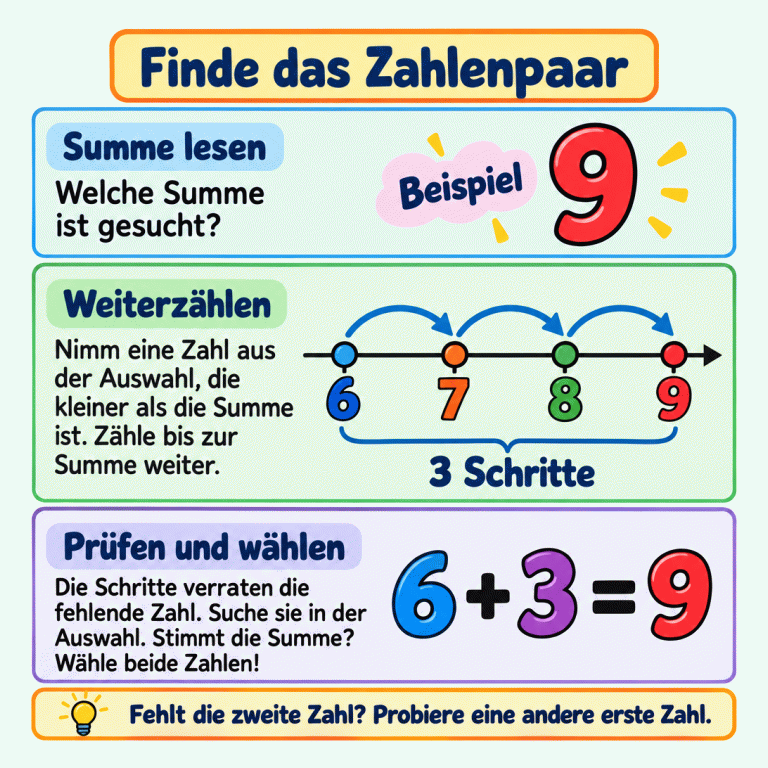 So findest du ein Zahlenpaar: Lies die gesuchte Summe. Beginne mit einer kleineren Zahl aus der Auswahl und zähle bis zur Summe weiter. Im Beispiel ist 9 gesucht. Von 6 geht es über 7 und 8 bis 9. Das sind drei Schritte, also fehlt die 3. Die Probe lautet: 6 plus 3 gleich 9. Suche die fehlende Zahl in der Auswahl und wähle beide Zahlen, wenn die Summe stimmt. Fehlt die zweite Zahl, probiere eine andere erste Zahl. Finde das Zahlenpaar Summe lesen: Welche Summe ist gesucht? Weiterzählen: Nimm eine Zahl aus der Auswahl, die kleiner als die Summe ist. Zähle bis zur Summe weiter. Prüfen und wählen: Die Schritte verraten die fehlende Zahl. Suche sie in der Auswahl. Stimmt die Summe? Wähle beide Zahlen! Fehlt die zweite Zahl? Probiere eine andere erste Zahl. Beispiel 9 6 7 8 3 Schritte 6 + 3 = 9