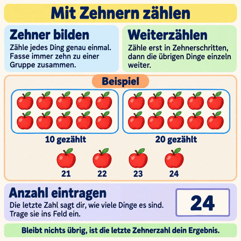 Zählen mit Zehnergruppen: Zähle jedes Ding genau einmal und fasse immer zehn zusammen. Das Beispiel zeigt zwei Gruppen mit je zehn Äpfeln und vier einzelne Äpfel. Nach der ersten Gruppe sind zehn gezählt, nach der zweiten zwanzig. Bei den übrigen Äpfeln geht es weiter mit 21, 22, 23 und 24. Die letzte Zahl ist die Gesamtanzahl: 24. Bleiben keine einzelnen Dinge übrig, ist die letzte Zehnerzahl das Ergebnis. Mit Zehnern zählen Zehner bilden: Zähle jedes Ding genau einmal. Fasse immer zehn zu einer Gruppe zusammen. Weiterzählen: Zähle erst in Zehnerschritten, dann die übrigen Dinge einzeln weiter. Anzahl eintragen: Die letzte Zahl sagt dir, wie viele Dinge es sind. Trage sie ins Feld ein. Bleibt nichts übrig, ist die letzte Zehnerzahl dein Ergebnis. Beispiel 10 gezählt 20 gezählt 21 22 23 24