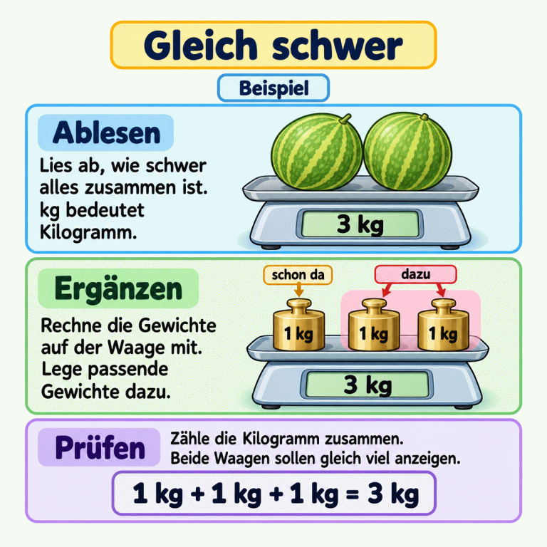 Beispiel zum Ausgleichen zweier Waagen: Zwei Melonen wiegen zusammen 3 kg. Auf der anderen Waage liegt schon ein Gewicht mit 1 kg. Zwei weitere Gewichte mit jeweils 1 kg kommen dazu. Die Rechnung lautet: 1 kg + 1 kg + 1 kg = 3 kg. Beide Waagen zeigen nun 3 kg an. Die Lasten sind gleich schwer. Gleich schwer Ablesen: Lies ab, wie schwer alles zusammen ist. kg bedeutet Kilogramm. Ergänzen: Rechne die Gewichte auf der Waage mit. Lege passende Gewichte dazu. Prüfen: Zähle die Kilogramm zusammen. Beide Waagen sollen gleich viel anzeigen. Beispiel 3 kg 1 kg schon da dazu 1 kg + 1 kg + 1 kg = 3 kg