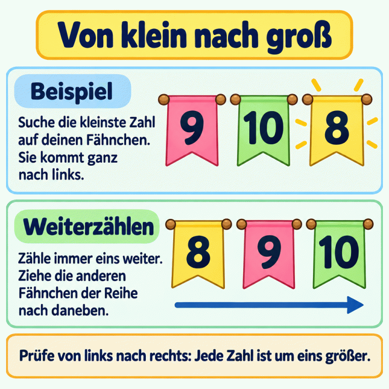 Ein Beispiel zeigt drei Zahlenfähnchen zuerst durcheinander: 9, 10, 8. Die 8 ist hervorgehoben, weil sie die kleinste Zahl ist. Darunter sind die Zahlen von links nach rechts als 8, 9, 10 geordnet. Man beginnt mit der kleinsten vorhandenen Zahl und zählt immer eins weiter. Von klein nach groß Beispiel: Suche die kleinste Zahl auf deinen Fähnchen. Sie kommt ganz nach links. Weiterzählen: Zähle immer eins weiter. Ziehe die anderen Fähnchen der Reihe nach daneben. Prüfe von links nach rechts: Jede Zahl ist um eins größer. 8 9 10