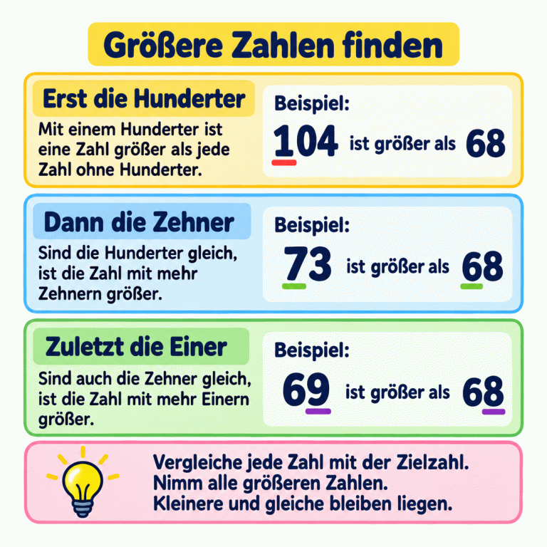 Größere Zahlen finden: Vergleiche zuerst die Hunderter. Zum Beispiel ist 104 größer als 68, weil 104 einen Hunderter hat. Sind die Hunderter gleich, vergleiche die Zehner: 73 ist größer als 68. Sind auch die Zehner gleich, vergleiche die Einer: 69 ist größer als 68. Prüfe jede Zahl anhand der Zielzahl und nimm alle größeren Zahlen. Kleinere und gleiche Zahlen bleiben liegen. Größere Zahlen finden Erst die Hunderter: Mit einem Hunderter ist eine Zahl größer als jede Zahl ohne Hunderter. Dann die Zehner: Sind die Hunderter gleich, ist die Zahl mit mehr Zehnern größer. Zuletzt die Einer: Sind auch die Zehner gleich, ist die Zahl mit mehr Einern größer. Vergleiche jede Zahl mit der Zielzahl. Nimm alle größeren Zahlen. Kleinere und gleiche bleiben liegen. Beispiel: 104 73 69 ist größer als 68