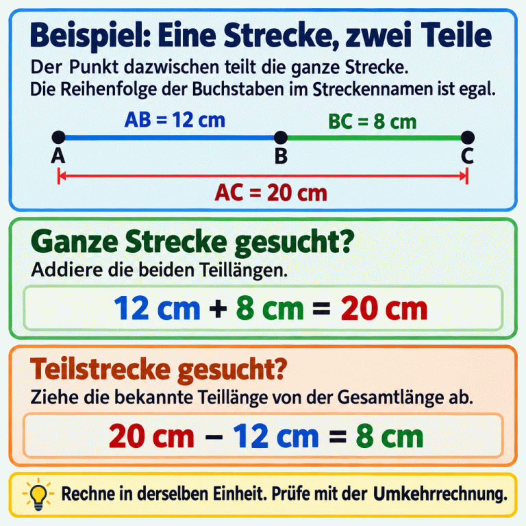 Ein Lehrbeispiel zeigt die Strecke AC mit B zwischen den Endpunkten. AB ist 12 cm lang, BC 8 cm und AC 20 cm. Für die ganze Strecke werden die Teillängen addiert: 12 cm + 8 cm = 20 cm. Für eine fehlende Teilstrecke wird die bekannte Teillänge abgezogen: 20 cm − 12 cm = 8 cm. Die Reihenfolge der Buchstaben im Streckennamen ist egal. Rechne in derselben Einheit und prüfe mit der Umkehrrechnung. Beispiel: Eine Strecke, zwei Teile: Der Punkt dazwischen teilt die ganze Strecke. Die Reihenfolge der Buchstaben im Streckennamen ist egal. Ganze Strecke gesucht?: Addiere die beiden Teillängen. Teilstrecke gesucht?: Ziehe die bekannte Teillänge von der Gesamtlänge ab. Rechne in derselben Einheit. Prüfe mit der Umkehrrechnung. A B C AB = 12 cm BC = 8 cm AC = 20 cm 12 cm + 8 cm = 20 cm 20 cm − 12 cm = 8 cm