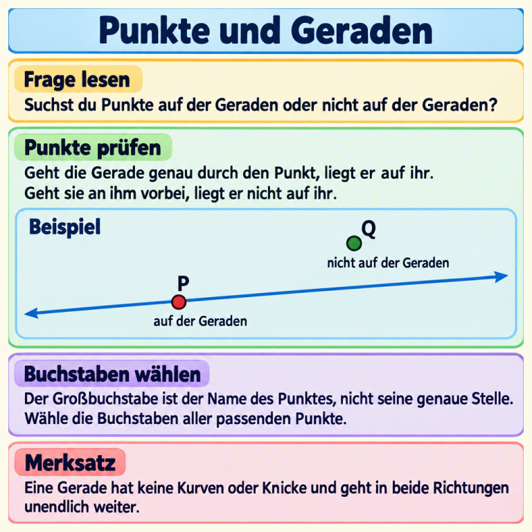 Eine Lernkarte erklärt, wie du Punkte auf einer Geraden von Punkten daneben unterscheidest. Im gekennzeichneten Beispiel verläuft die Gerade genau durch P. Q liegt mit einem kleinen, deutlich sichtbaren Abstand daneben. Die Großbuchstaben stehen neben den Punktmarkierungen und nennen ihre Namen. Lies zuerst, ob Punkte auf oder nicht auf der Geraden gesucht sind. Prüfe jeden Punkt und wähle die Buchstaben aller passenden Punkte. Eine Gerade hat keine Kurven oder Knicke und geht in beide Richtungen unendlich weiter. Punkte und Geraden Frage lesen: Suchst du Punkte auf der Geraden oder nicht auf der Geraden? Punkte prüfen: Geht die Gerade genau durch den Punkt, liegt er auf ihr. Geht sie an ihm vorbei, liegt er nicht auf ihr. Buchstaben wählen: Der Großbuchstabe ist der Name des Punktes, nicht seine genaue Stelle. Wähle die Buchstaben aller passenden Punkte. Eine Gerade hat keine Kurven oder Knicke und geht in beide Richtungen unendlich weiter. Beispiel P Q auf der Geraden nicht auf der Geraden Merksatz