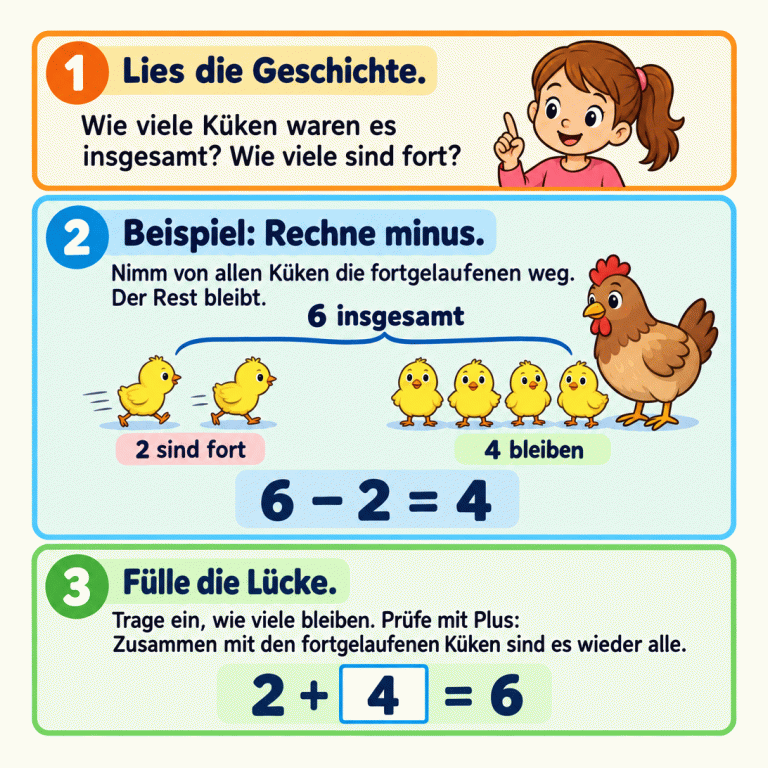 Die Karte erklärt: Lies, wie viele Küken es insgesamt waren und wie viele fort sind. Ziehe die fortgelaufenen Küken ab. Ein Beispiel zeigt sechs Küken: Zwei sind fort, vier bleiben bei der Henne. Dazu steht 6 minus 2 gleich 4. Die vier übrigen Küken füllen die Lücke der Plusaufgabe: 2 plus 4 gleich 6. So lässt sich das Ergebnis prüfen. Lies die Geschichte.: Wie viele Küken waren es insgesamt? Wie viele sind fort? Beispiel: Rechne minus.: Nimm von allen Küken die fortgelaufenen weg. Der Rest bleibt. Fülle die Lücke.: Trage ein, wie viele bleiben. Prüfe mit Plus: Zusammen mit den fortgelaufenen Küken sind es wieder alle. 6 insgesamt 2 sind fort 4 bleiben 6 − 2 = 4 2 + 4 = 6 1 2 3