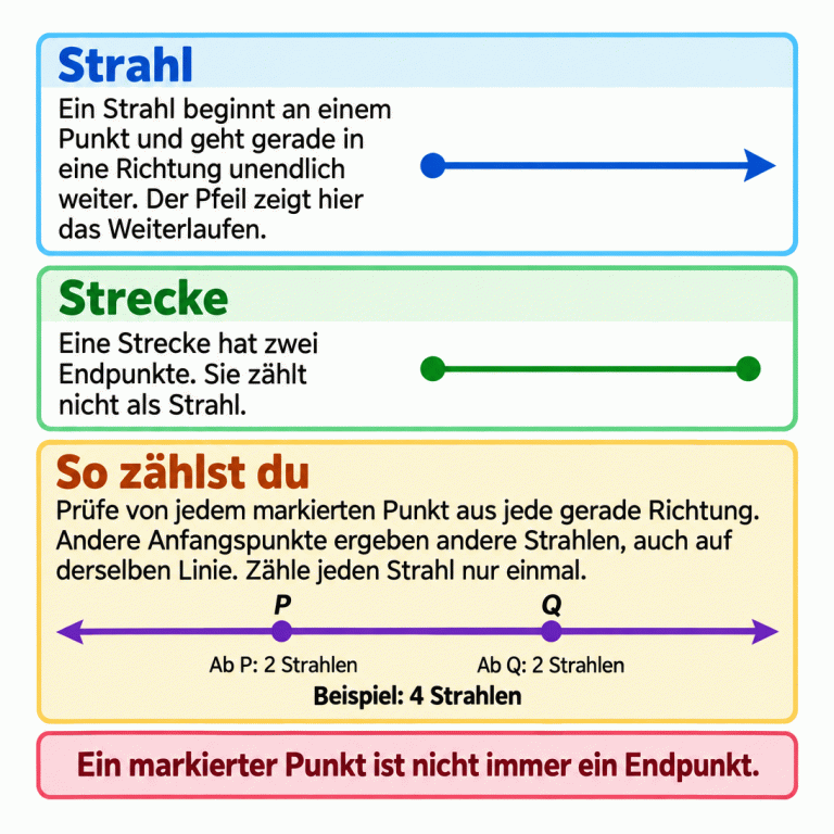 Drei Abschnitte erklären das Zählen von Strahlen. Ein Strahl beginnt an einem Punkt und verläuft gerade in eine Richtung unendlich weiter. Eine Strecke endet an zwei Endpunkten und zählt nicht mit. Im Zählbeispiel liegen P und Q auf einer Linie, die in beide Richtungen unendlich weitergeht. Von jedem markierten Punkt beginnen zwei Strahlen: im Beispiel insgesamt vier. Verschiedene Anfangspunkte ergeben verschiedene Strahlen, auch wenn sie sich überdecken. Ein markierter Punkt ist nicht immer ein Endpunkt. Strahl: Ein Strahl beginnt an einem Punkt und geht gerade in eine Richtung unendlich weiter. Der Pfeil zeigt hier das Weiterlaufen. Strecke: Eine Strecke hat zwei Endpunkte. Sie zählt nicht als Strahl. So zählst du: Prüfe von jedem markierten Punkt aus jede gerade Richtung. Andere Anfangspunkte ergeben andere Strahlen, auch auf derselben Linie. Zähle jeden Strahl nur einmal. Ein markierter Punkt ist nicht immer ein Endpunkt. P Q Ab P: 2 Strahlen Ab Q: 2 Strahlen Beispiel: 4 Strahlen