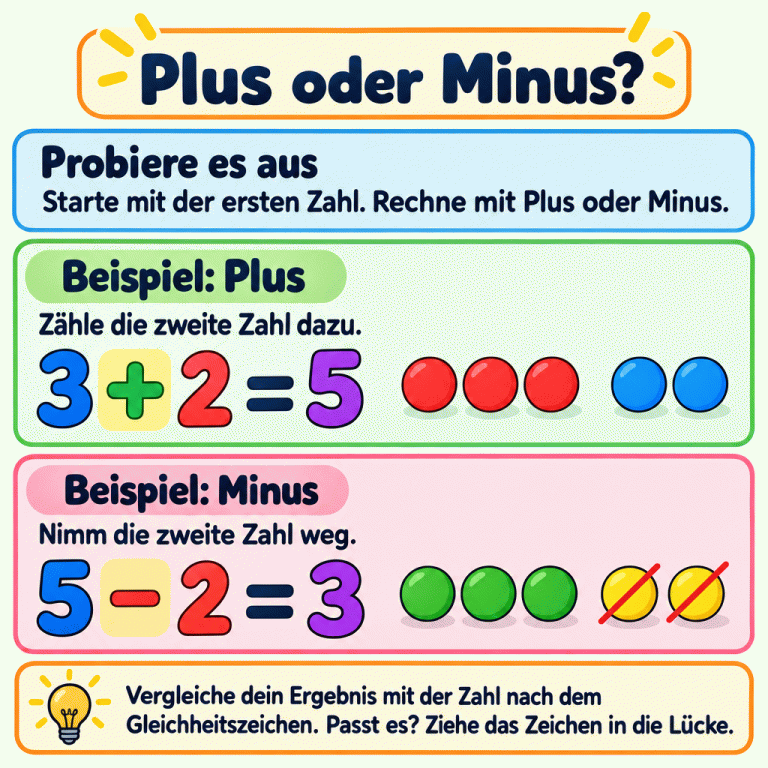 Plus oder Minus? Starte mit der ersten Zahl. Bei Plus zählst du die zweite Zahl dazu: 3 plus 2 ist 5. Dazu sind drei und zwei weitere Plättchen zu sehen. Bei Minus nimmst du die zweite Zahl weg: 5 minus 2 ist 3. Von fünf Plättchen sind zwei durchgestrichen, drei bleiben übrig. Vergleiche dein Ergebnis mit der Zahl nach dem Gleichheitszeichen und setze das passende Zeichen ein. Plus oder Minus? Probiere es aus: Starte mit der ersten Zahl. Rechne mit Plus oder Minus. Beispiel: Plus: Zähle die zweite Zahl dazu. Beispiel: Minus: Nimm die zweite Zahl weg. Vergleiche dein Ergebnis mit der Zahl nach dem Gleichheitszeichen. Passt es? Ziehe das Zeichen in die Lücke. 3 + 2 = 5 5 − 2 = 3