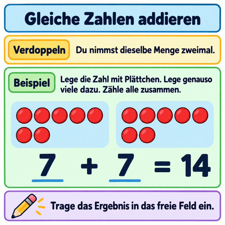 Gleiche Zahlen addieren heißt verdoppeln: Du nimmst dieselbe Menge zweimal. Im Beispiel zeigen zwei Gruppen jeweils sieben Plättchen. Alle zusammen sind vierzehn. Die Rechnung lautet sieben plus sieben gleich vierzehn. Trage bei deiner Aufgabe das Ergebnis in das freie Feld ein. Gleiche Zahlen addieren Verdoppeln: Du nimmst dieselbe Menge zweimal. Beispiel: Lege die Zahl mit Plättchen. Lege genauso viele dazu. Zähle alle zusammen. Trage das Ergebnis in das freie Feld ein. 7 + = 14