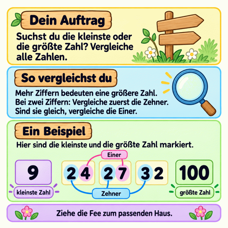 So vergleichst du mehrere Zahlen: Prüfe, ob die kleinste oder die größte Zahl gesucht ist. Mehr Ziffern bedeuten eine größere Zahl. Bei zweistelligen Zahlen vergleichst du zuerst die Zehner und bei gleichen Zehnern die Einer. Das Beispiel zeigt 9, 24, 27, 32 und 100. Die Zehner sind bei 24 und 27 gleich; ihre Einer sind 4 und 7. Bei 32 ist der Zehner größer. In dieser Gruppe ist 9 die kleinste und 100 die größte Zahl. Ziehe die Fee zum Haus mit der gesuchten Zahl. Dein Auftrag: Suchst du die kleinste oder die größte Zahl? Vergleiche alle Zahlen. So vergleichst du: Mehr Ziffern bedeuten eine größere Zahl. Bei zwei Ziffern: Vergleiche zuerst die Zehner. Sind sie gleich, vergleiche die Einer. Ein Beispiel: Hier sind die kleinste und die größte Zahl markiert. Ziehe die Fee zum passenden Haus. 9 24 27 32 100 Zehner Einer kleinste Zahl größte Zahl