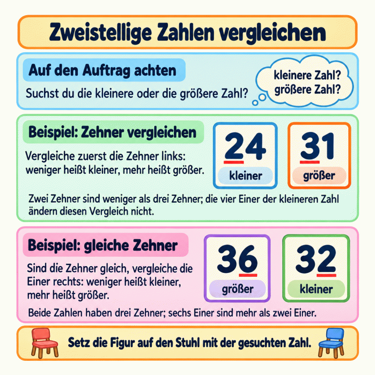 So vergleichst du Zahlen mit zwei Ziffern: Achte zuerst darauf, ob die kleinere oder die größere Zahl gesucht ist. Vergleiche dann die Zehner links. Im Beispiel ist 24 kleiner als 31, weil zwei Zehner weniger sind als drei. Sind die Zehner gleich, vergleiche die Einer rechts. Im zweiten Beispiel ist 36 größer als 32, weil sechs Einer mehr sind als zwei. Setz die Figur auf den Stuhl mit der gesuchten Zahl. Zweistellige Zahlen vergleichen Auf den Auftrag achten: Suchst du die kleinere oder die größere Zahl? Beispiel: Zehner vergleichen: Vergleiche zuerst die Zehner links: weniger heißt kleiner, mehr heißt größer. Beispiel: gleiche Zehner: Sind die Zehner gleich, vergleiche die Einer rechts: weniger heißt kleiner, mehr heißt größer. Setz die Figur auf den Stuhl mit der gesuchten Zahl. 24 31 36 32 kleiner größer kleinere Zahl? größere Zahl? Zwei Zehner sind weniger als drei Zehner; die vier Einer der kleineren Zahl ändern diesen Vergleich nicht. Beide Zahlen haben drei Zehner; sechs Einer sind mehr als zwei Einer.