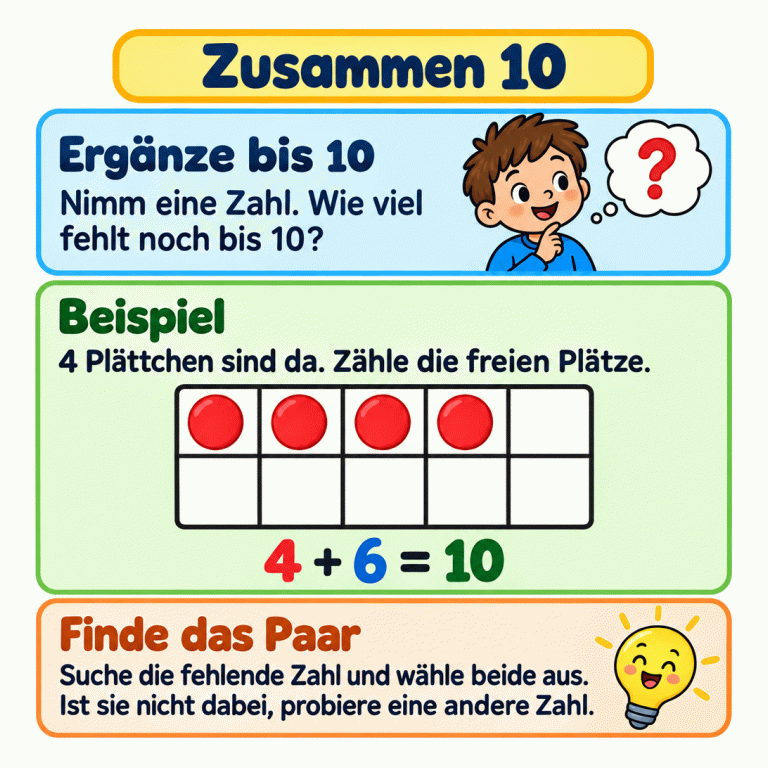 Beispiel: Ein Zehnerfeld hat zehn Plätze. Vier Plätze enthalten je ein Plättchen, sechs Plätze sind frei. Vier plus sechs ergibt zehn. Suche zu einer Zahl die fehlende Zahl bis zehn und wähle beide aus. Ist die passende Zahl nicht dabei, probiere eine andere Zahl. Zusammen 10 Ergänze bis 10: Nimm eine Zahl. Wie viel fehlt noch bis 10? Beispiel: 4 Plättchen sind da. Zähle die freien Plätze. Finde das Paar: Suche die fehlende Zahl und wähle beide aus. Ist sie nicht dabei, probiere eine andere Zahl. 4 + 6 = 10 ?