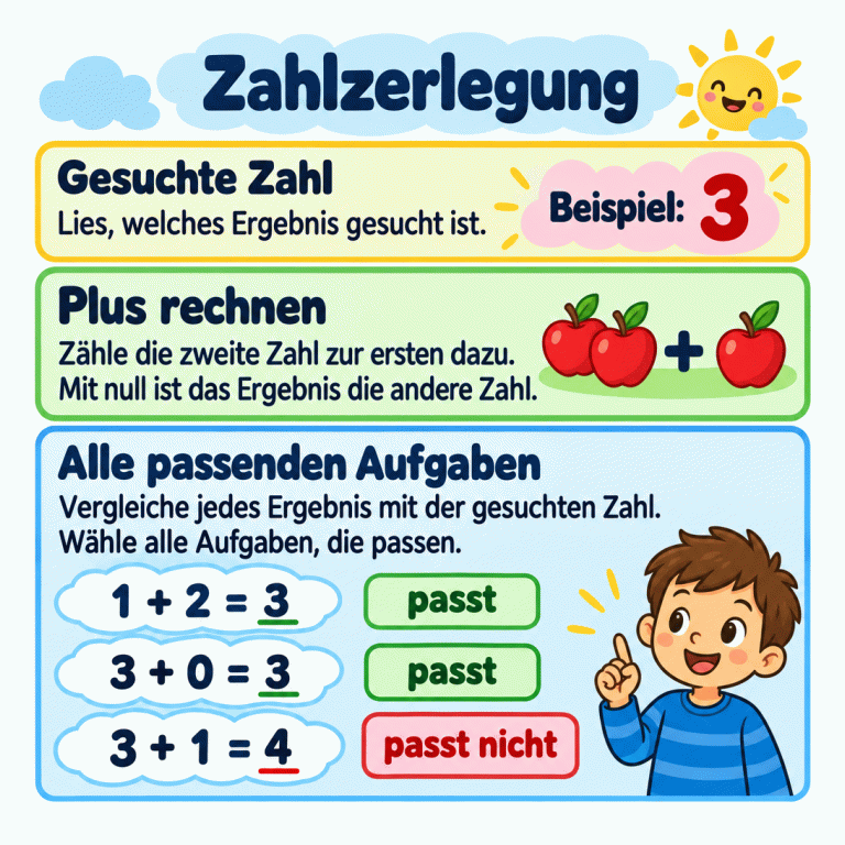 Zahlzerlegung: Lies die gesuchte Zahl, rechne jede Plusaufgabe aus und wähle alle Aufgaben mit diesem Ergebnis. Zähle dazu die zweite Zahl zur ersten. Mit null ist das Ergebnis die andere Zahl. Im Lehrbeispiel wird die 3 gesucht: 1 plus 2 ergibt 3 und passt. 3 plus 0 ergibt ebenfalls 3 und passt. 3 plus 1 ergibt 4 und passt nicht. Zahlzerlegung Gesuchte Zahl: Lies, welches Ergebnis gesucht ist. Plus rechnen: Zähle die zweite Zahl zur ersten dazu. Mit null ist das Ergebnis die andere Zahl. Alle passenden Aufgaben: Vergleiche jedes Ergebnis mit der gesuchten Zahl. Wähle alle Aufgaben, die passen. Beispiel: 3 1 + 2 = 3 3 + 0 = 3 3 + 1 = 4 passt passt nicht +