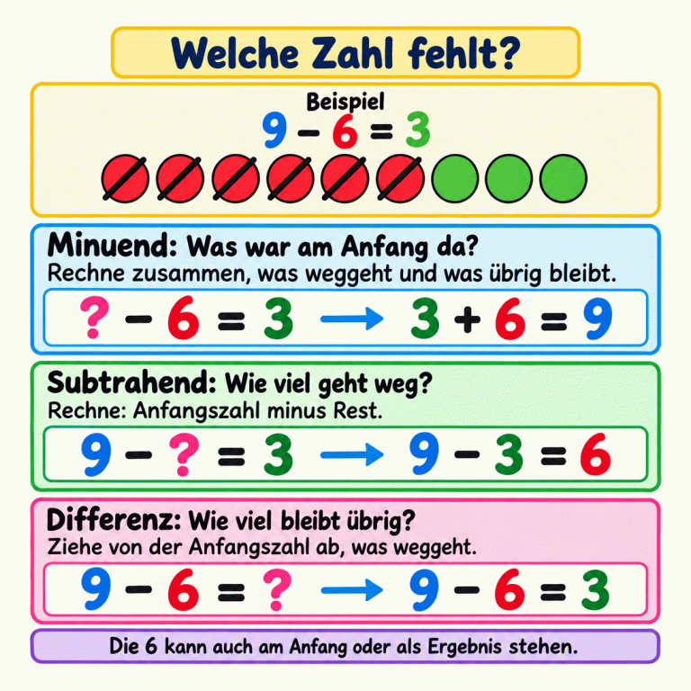 Die Karte erklärt drei Arten von Lücken in Minusaufgaben anhand des Beispiels 9 minus 6 gleich 3. Von neun Plättchen sind sechs durchgestrichen, drei bleiben übrig. Fehlt der Minuend, rechnest du Rest plus weggenommene Zahl: 3 plus 6 gleich 9. Fehlt der Subtrahend, rechnest du Anfangszahl minus Rest: 9 minus 3 gleich 6. Fehlt die Differenz, rechnest du die Minusaufgabe aus: 9 minus 6 gleich 3. Die 6 kann in anderen Aufgaben auch am Anfang oder als Ergebnis stehen. Welche Zahl fehlt? Minuend: Was war am Anfang da?: Rechne zusammen, was weggeht und was übrig bleibt. Subtrahend: Wie viel geht weg?: Rechne: Anfangszahl minus Rest. Differenz: Wie viel bleibt übrig?: Ziehe von der Anfangszahl ab, was weggeht. Die 6 kann auch am Anfang oder als Ergebnis stehen. Beispiel 9 − 6 = 3 ? − 6 = 3 3 + 6 = 9 9 − ? = 3 9 − 3 = 6 9 − 6 = ?