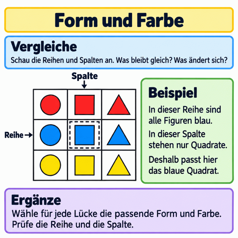 Eine Lernkarte erklärt, wie du fehlende Figuren durch den Vergleich von Reihen und Spalten findest. Das Beispiel zeigt eine Tabelle: Jede Reihe hat eine eigene Farbe, jede Spalte eine eigene Form. Die mittlere Reihe enthält blaue Figuren, die mittlere Spalte Quadrate. Das hervorgehobene blaue Quadrat in der Mitte passt zu beiden Regeln. Bei jeder Aufgabe prüfst du neu, was gleich bleibt und was sich ändert. Form und Farbe Vergleiche: Schau die Reihen und Spalten an. Was bleibt gleich? Was ändert sich? Beispiel: In dieser Reihe sind alle Figuren blau. In dieser Spalte stehen nur Quadrate. Deshalb passt hier das blaue Quadrat. Ergänze: Wähle für jede Lücke die passende Form und Farbe. Prüfe die Reihe und die Spalte. Reihe Spalte