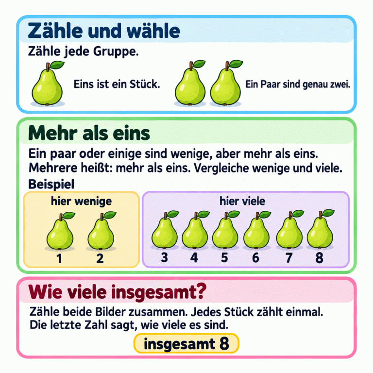 Eine Birne zeigt eins, zwei Birnen zusammen zeigen ein Paar. Ein paar oder einige sind wenige, aber mehr als eins. Mehrere bedeutet mehr als eins. Im Vergleichsbeispiel sind zwei Birnen wenige und sechs Birnen viele. Alle Birnen der beiden Beispielgruppen werden einmal durchgezählt: eins, zwei und dann weiter drei, vier, fünf, sechs, sieben, acht. Insgesamt sind es acht Birnen. Zähle und wähle: Zähle jede Gruppe. Eins ist ein Stück. Ein Paar sind genau zwei. Mehr als eins: Ein paar oder einige sind wenige, aber mehr als eins. Mehrere heißt: mehr als eins. Vergleiche wenige und viele. Wie viele insgesamt?: Zähle beide Bilder zusammen. Jedes Stück zählt einmal. Die letzte Zahl sagt, wie viele es sind. Beispiel hier wenige hier viele 1 2 3 4 5 6 7 8 insgesamt 8