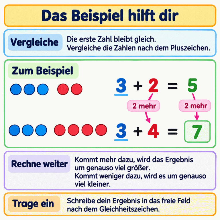 Eine Beispielkarte zeigt die Additionen 3 + 2 = 5 und 3 + 4 = 7 mit passenden Punktmengen. Die erste Zahl bleibt gleich. Bei der zweiten Zahl kommen zwei mehr dazu, deshalb wird auch das Ergebnis um zwei größer. Kommt weniger dazu, wird das Ergebnis um genauso viel kleiner. Das berechnete Ergebnis gehört in das freie Feld nach dem Gleichheitszeichen. Das Beispiel hilft dir Vergleiche: Die erste Zahl bleibt gleich. Vergleiche die Zahlen nach dem Pluszeichen. Rechne weiter: Kommt mehr dazu, wird das Ergebnis um genauso viel größer. Kommt weniger dazu, wird es um genauso viel kleiner. Trage ein: Schreibe dein Ergebnis in das freie Feld nach dem Gleichheitszeichen. Zum Beispiel 3 2 4 5 7 + = 2 mehr